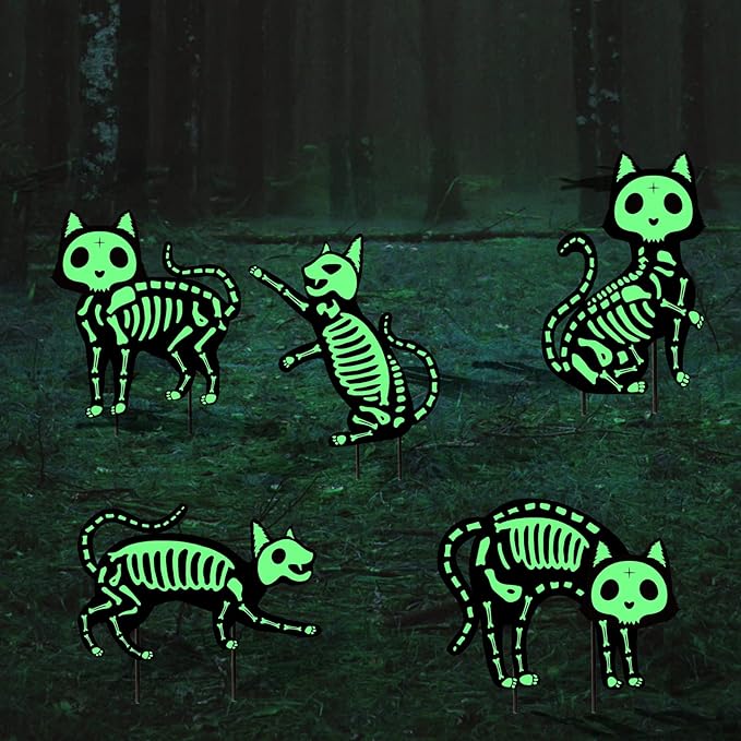 Outdoor Halloween Decorations Yard Signs - 5pcs Glow in The Dark Skeleton Black Cat Silhouette Lawn Signs with Stakes for Halloween Lawn Garden Front Yard Decorations Outside