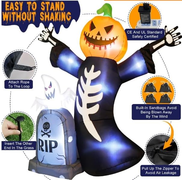 8FT Halloween Inflatable Pumpkin Grim Reaper &#x26; Ghost Tombstone - LED Lighted Yard Decoration