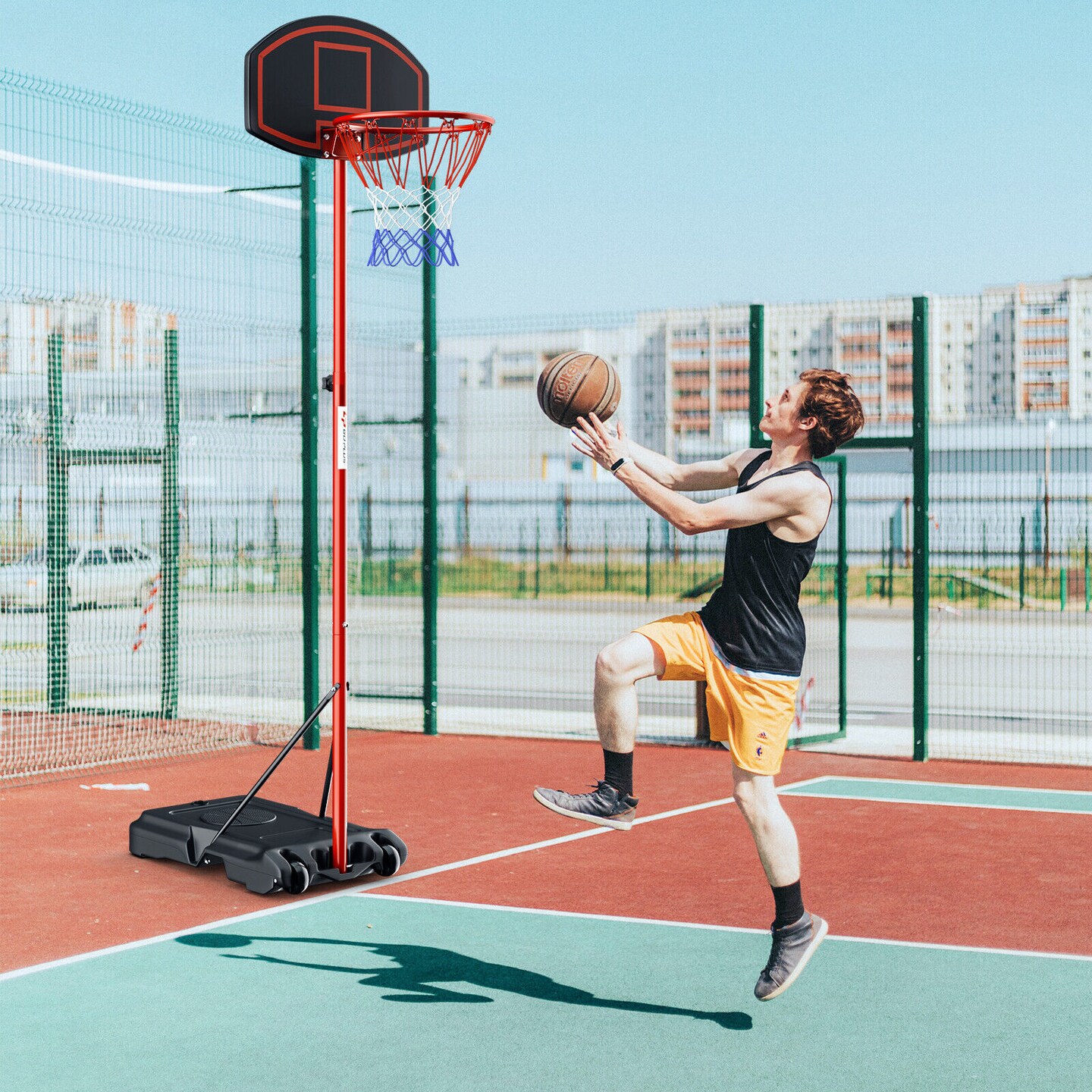 Adjustable Basketball Hoop System Stand Portable with 2 Wheels Fillable Base-Black &#x26; Red