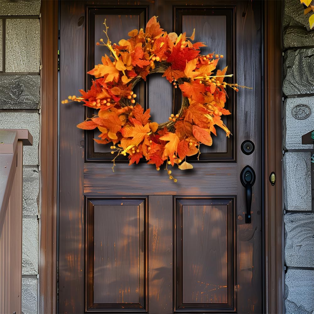 Fall Outdoor Wreaths for Front Door 22 Inch, Autumn Wreath with Orange Berries, Fall Maple Leaf Wreath for Farmhouse, Thanksgiving Harvest Window Decor
