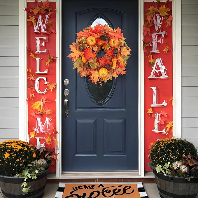 20 Inch Fall Wreath for Front Door, Fall Decor Autumn Maple Leaves Pumpkin Pine Cone Berries Wreath, Fall Decorations for Harvest Thanksgiving Halloween Farmhouse Home Outside Window Wall