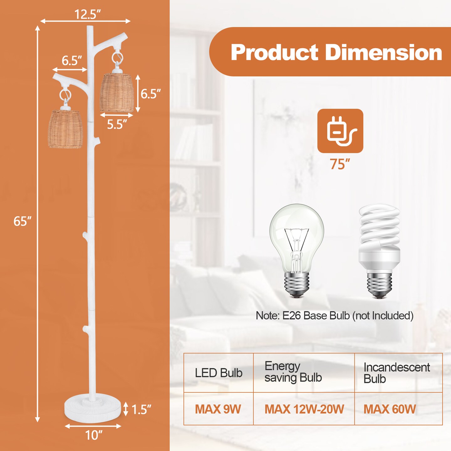White Standing Floor Lamp with Wicker Shade Resin Trunk Design and Foot Dimmer Metal Frame