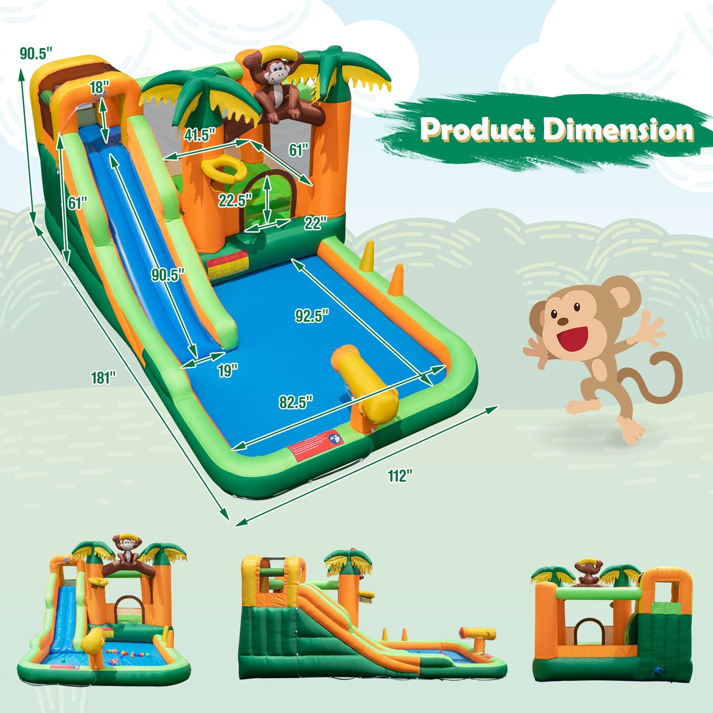 Monkey-themed Inflatable Water Slide with Jumping Area and Pool