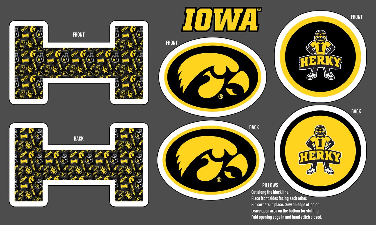 Sykel Enterprises-University of Iowa Minky DIY Pillow Project. Cut, Sew, and Stuff-Each Panel yields 3 pillows