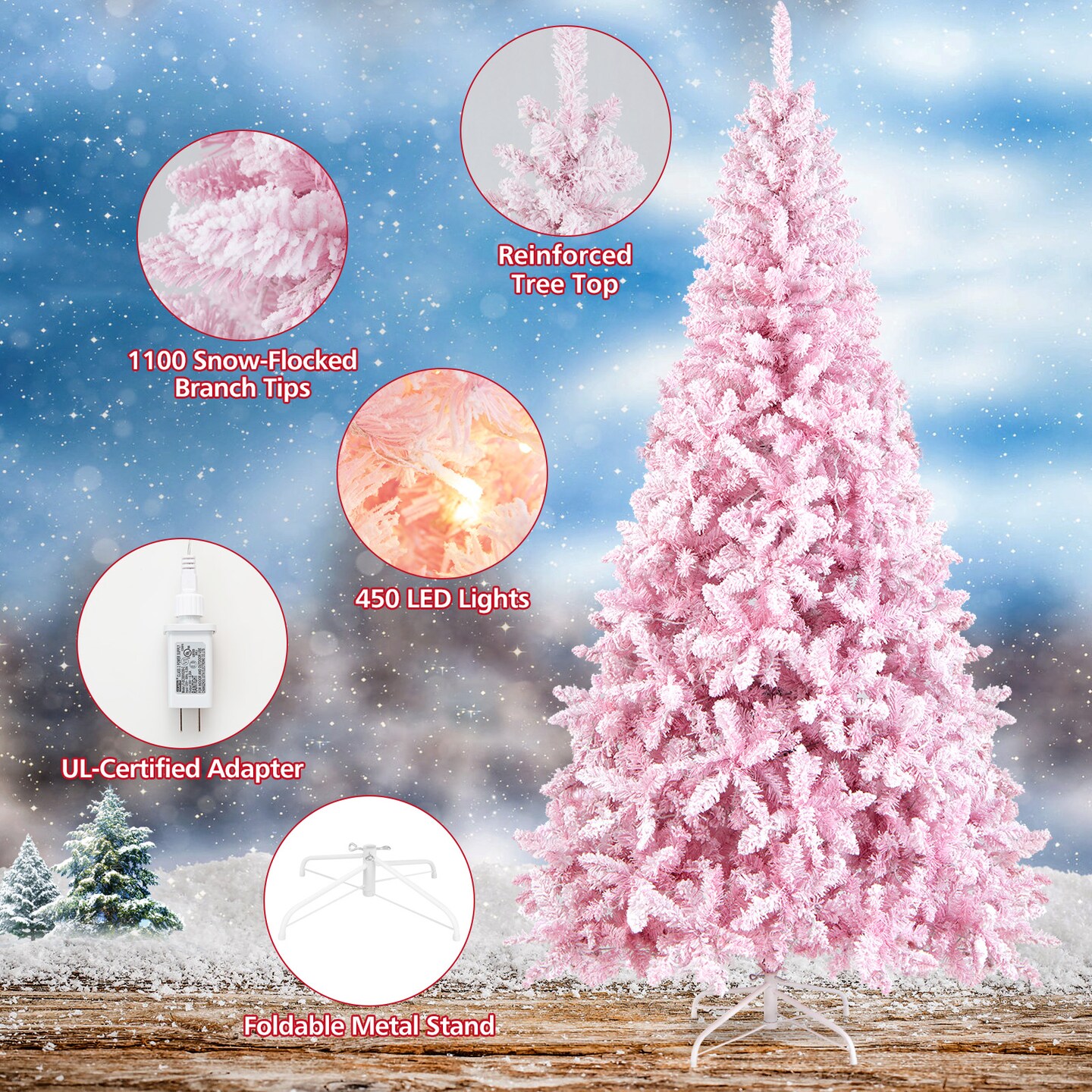 7.5 Feet Pink Flocked Christmas Tree with Folding Metal Stand