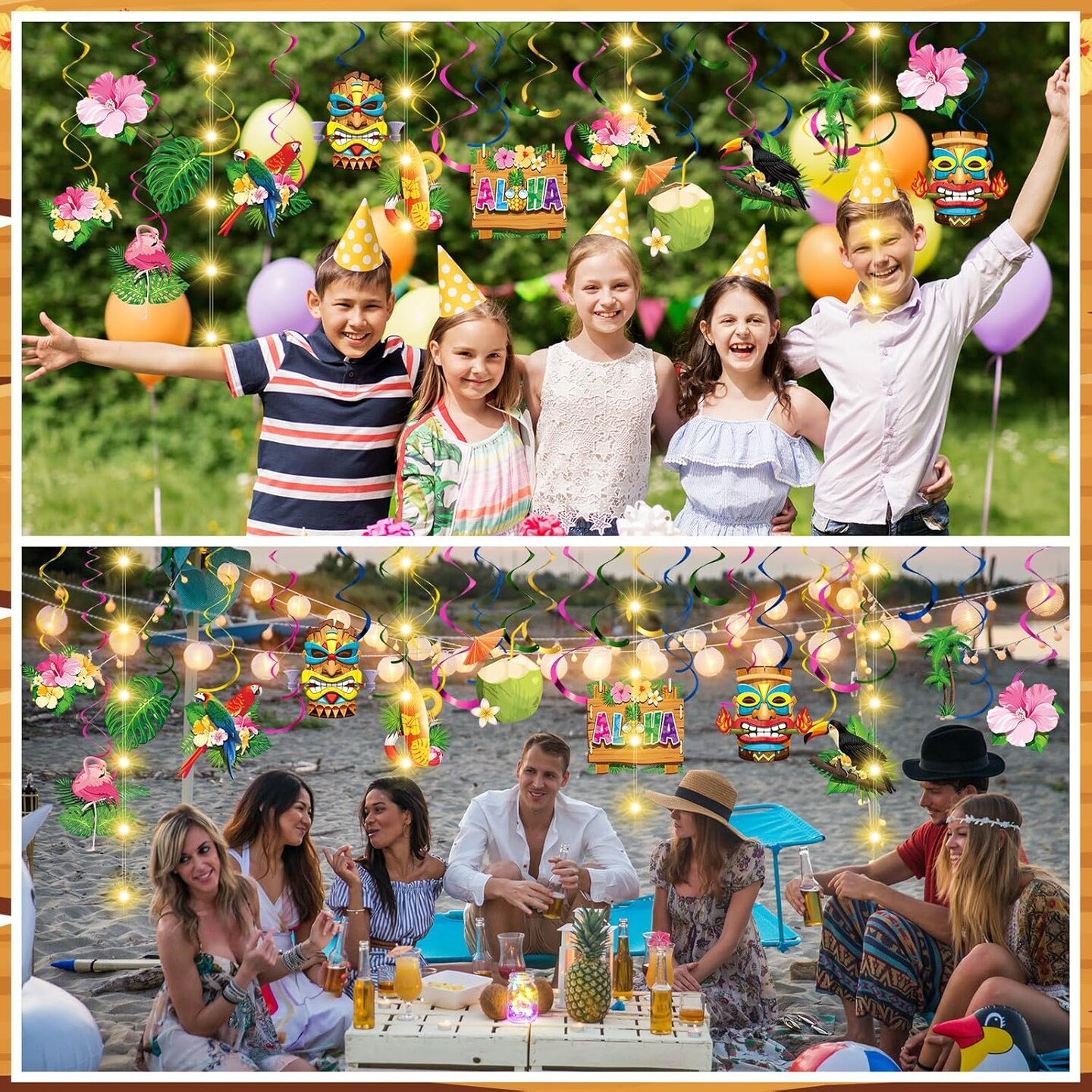 56 Pcs Summer Hawaiian Hanging Decorations with Lights Tropical Luau Hanging Swirls Tiki Flower Palm Flamingo Beach Cutouts Aloha Ceiling Streamers