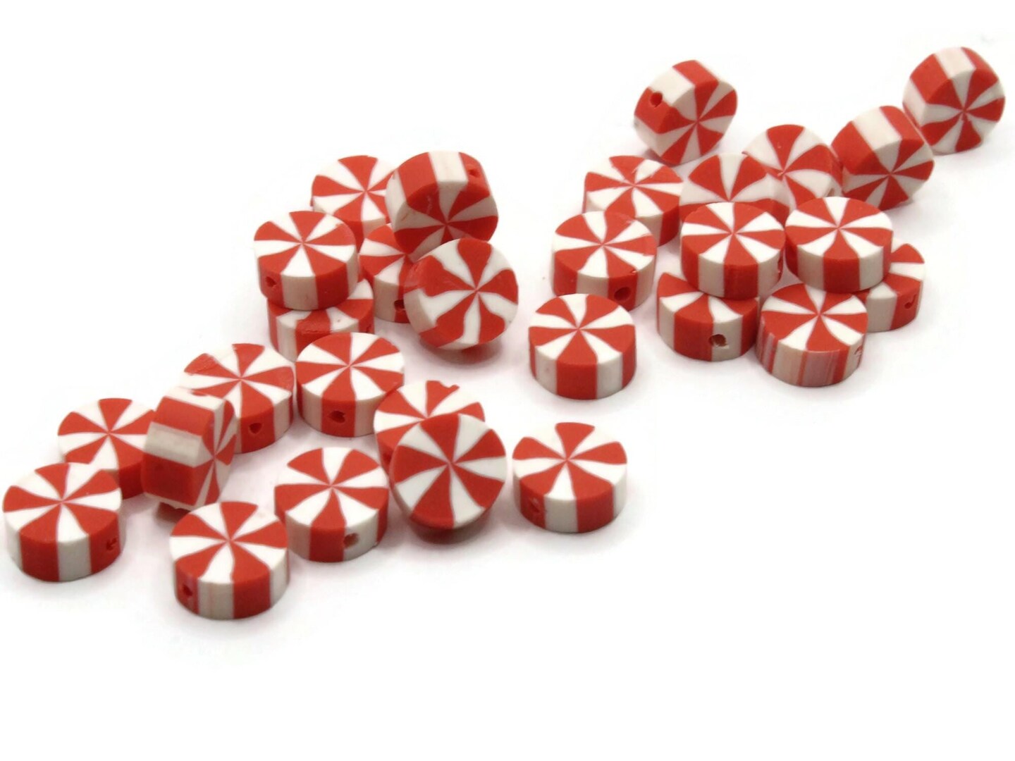 30 Peppermint Polymer Clay Red and White Small Loose Coin Beads
