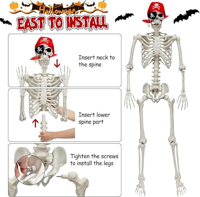 Full Body Life-Size Skeleton Prop with Movable Joints for Halloween Decorations Outdoor Yard Haunted House Prop Decorations