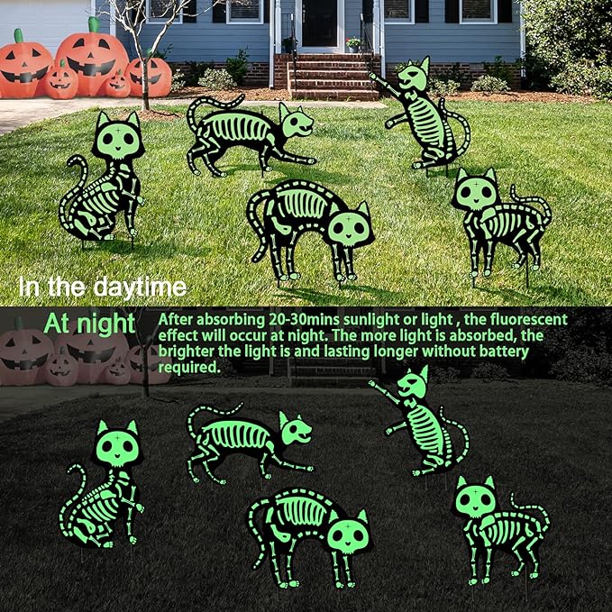 Outdoor Halloween Decorations Yard Signs - 5pcs Glow in The Dark Skeleton Black Cat Silhouette Lawn Signs with Stakes for Halloween Lawn Garden Front Yard Decorations Outside