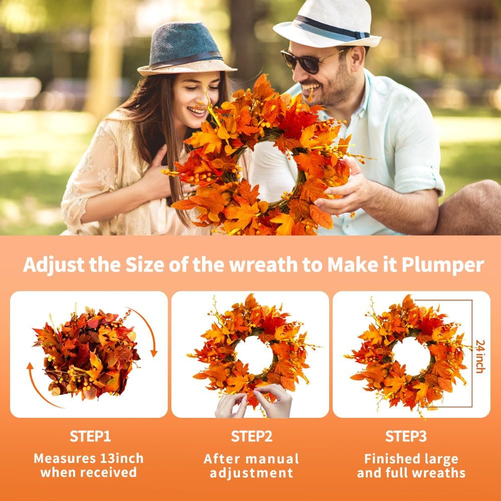Fall Outdoor Wreaths for Front Door 22 Inch, Autumn Wreath with Orange Berries, Fall Maple Leaf Wreath for Farmhouse, Thanksgiving Harvest Window Decor