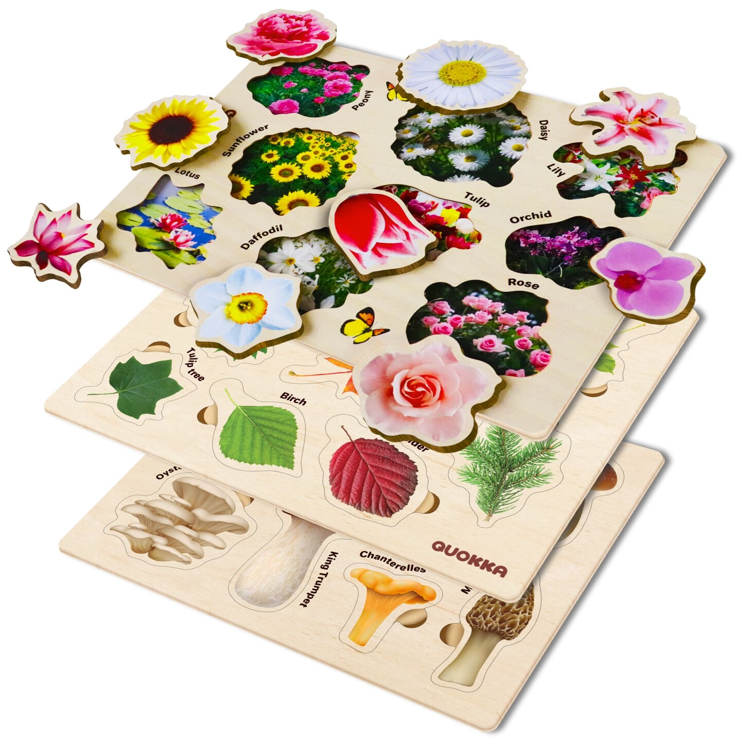 QUOKKA Wooden Puzzles Set for Toddlers | Mushrooms Flowers