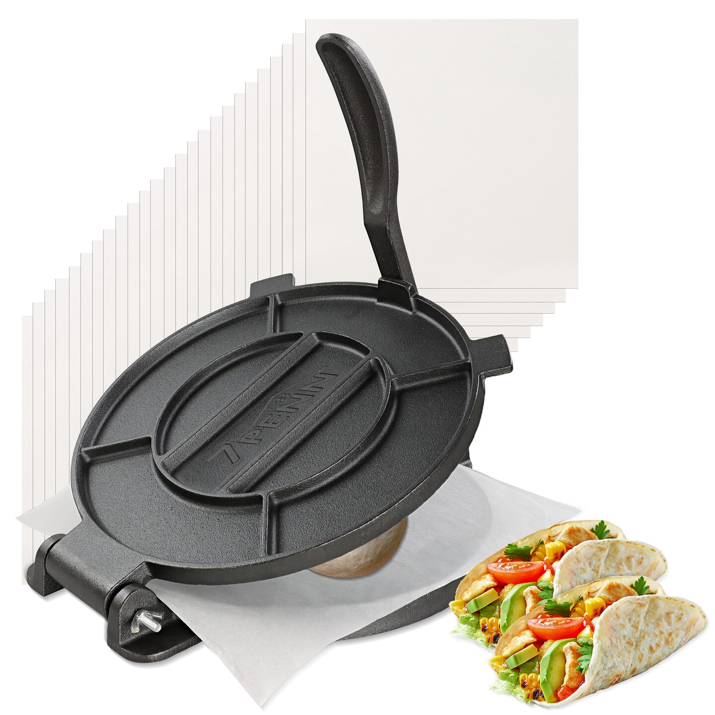7Penn Cast Iron Tortilla Press - Roti Maker Flour Tortillas Presser w 100 Sheets