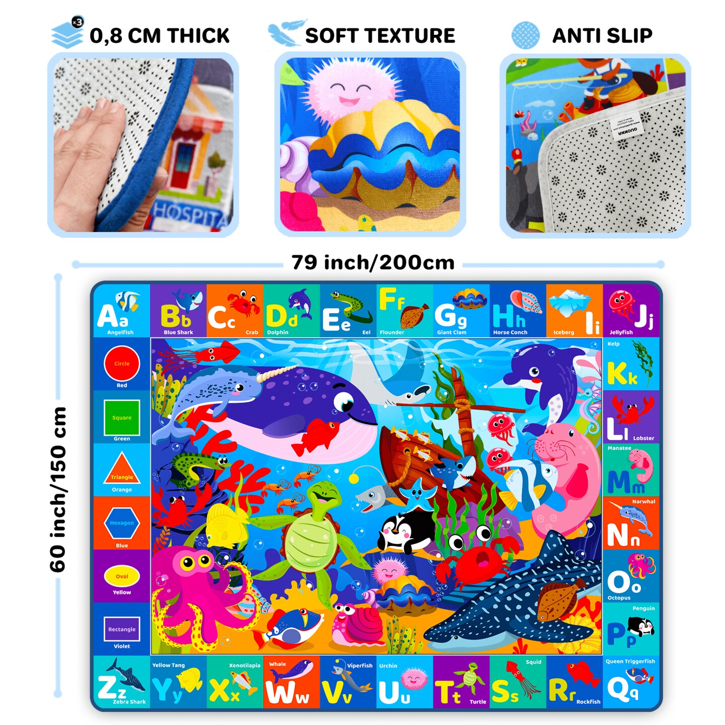 QUOKKA Large Baby Play Mat for Floor - Playmat for Toddlers and Infants ABC Ocean - Large Padded Non-Slip Nursery Rug for Babies Crawling and Playing - Foldable Care Mat for Playroom