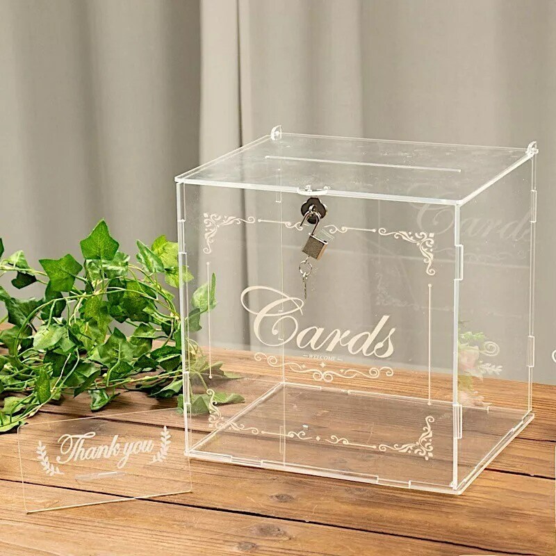 10&#x22; Clear Acrylic Wedding Gift Card Box Lock Key Thank You Sign Party Events