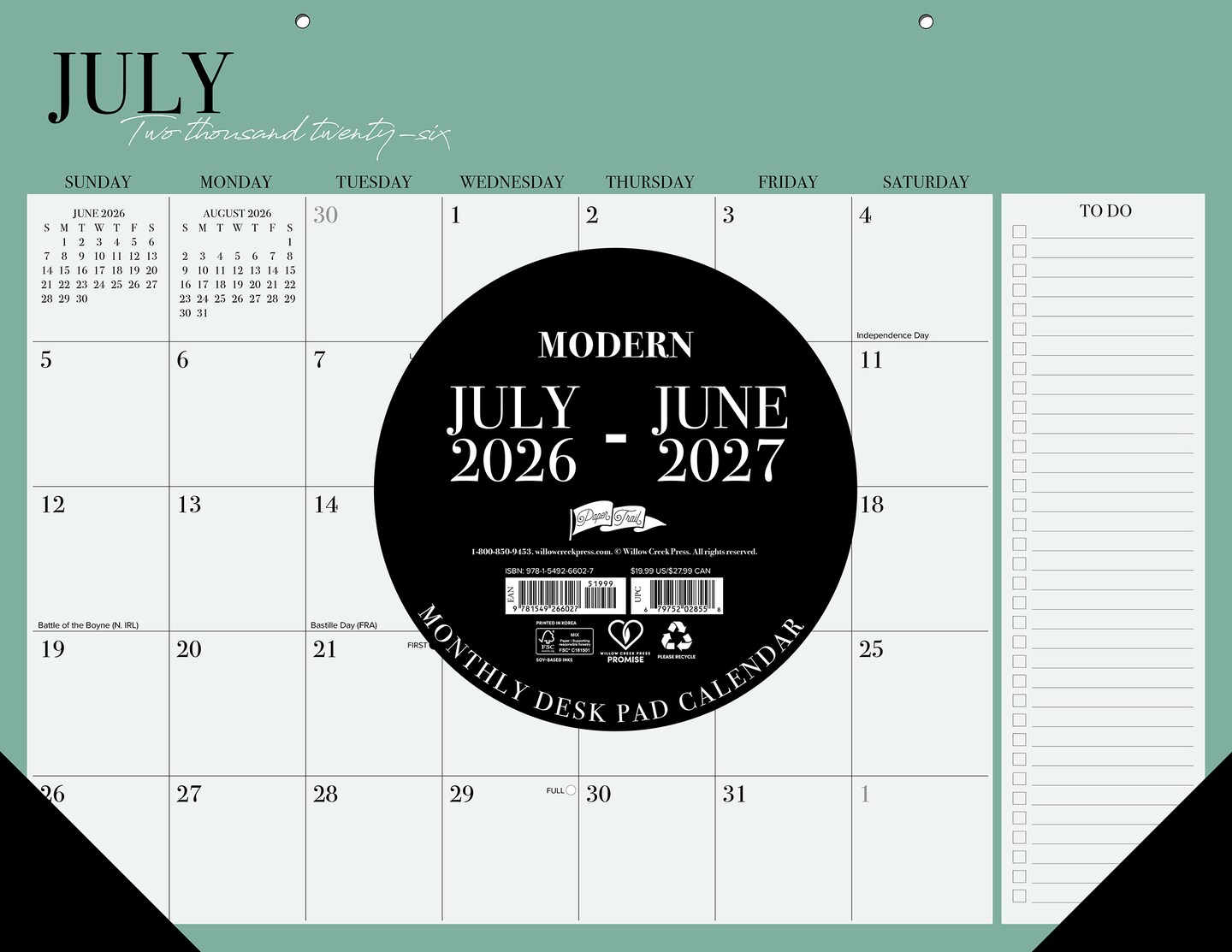 Modern Academic Year July 2026 - June 2027 22" x 17" Large Monthly Deskpad Calendar