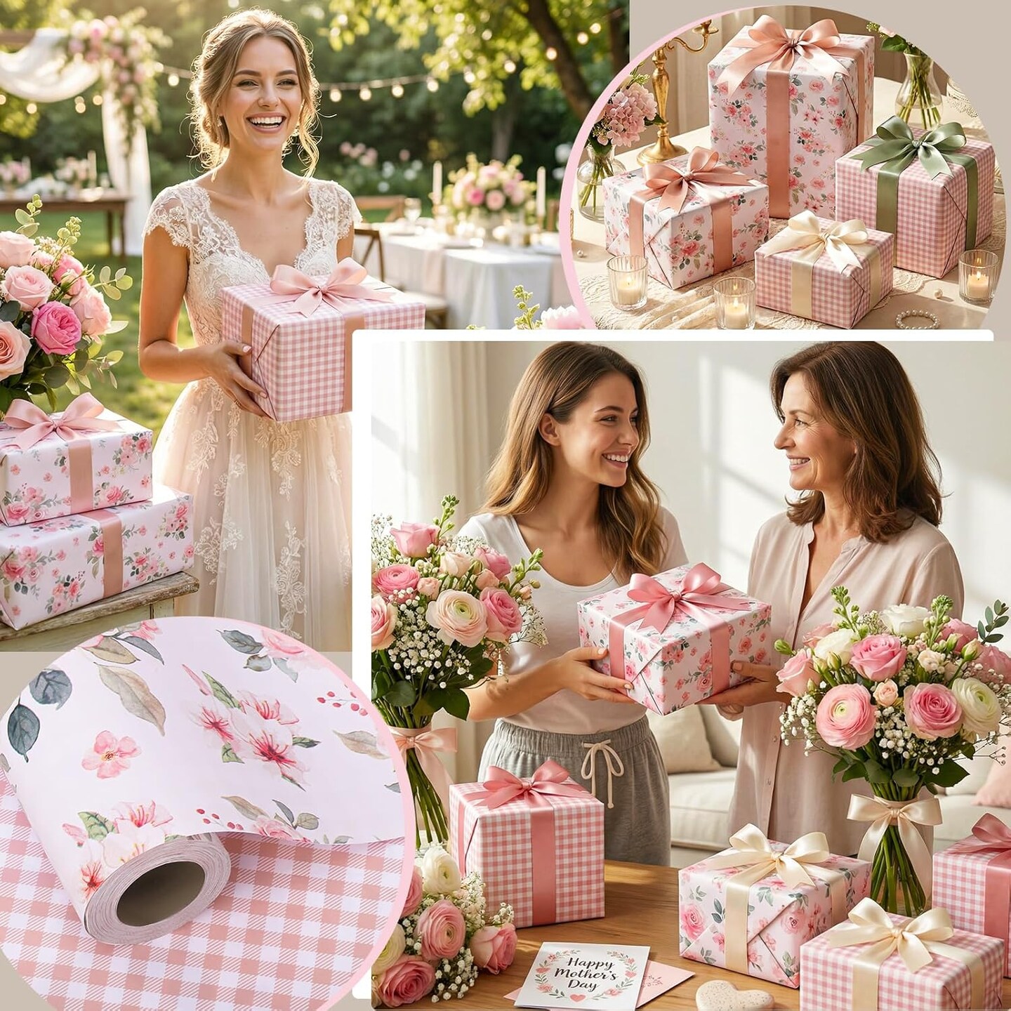 Reversible Floral Gift Wrapping Paper Roll – Pink Floral & Plaid Design (17 in x 33 ft) Mini Roll for Mother’s Day, Weddings, Bridal Showers, Birthdays, Baby Showers & Spring Party Decor