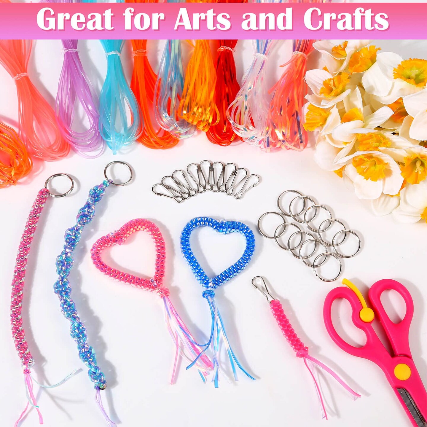 Lanyard String Kit, Cridoz 25 Bundles Gimp String Plastic Lacing Cord with 20pcs Snap Clip Hooks and Keyrings for Boondoggle Crafts, Bracelets and Lanyard Weaving (Laser & Glow in Dark)