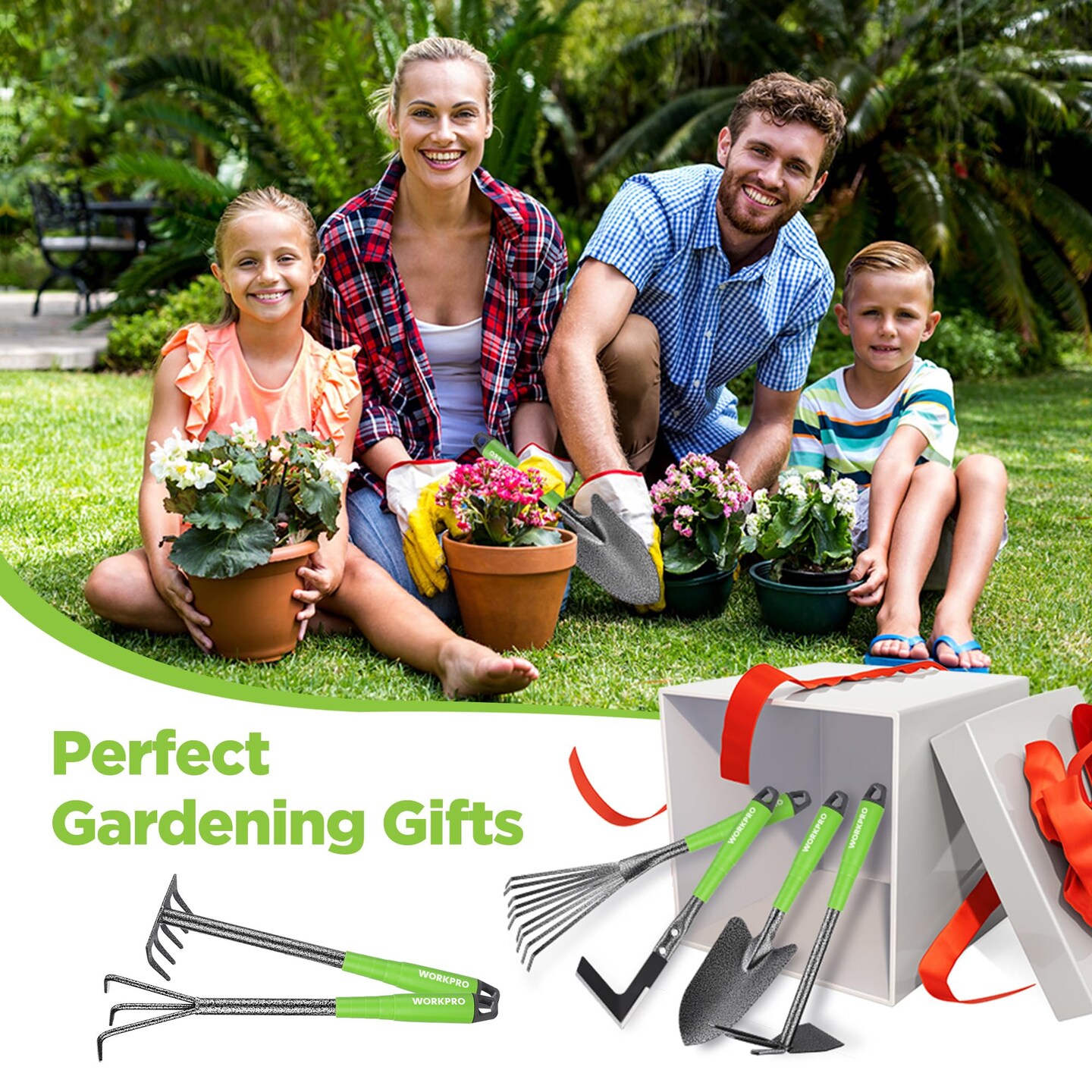 6-Piece Garden Tool Set, Heavy Duty Gardening Hand Tools with Soft Rubber Handle, Including Trowel, Rakes, 2-in-1 Hoe and Crack Weeder, Ideal Gardening Gifts for Men and Women