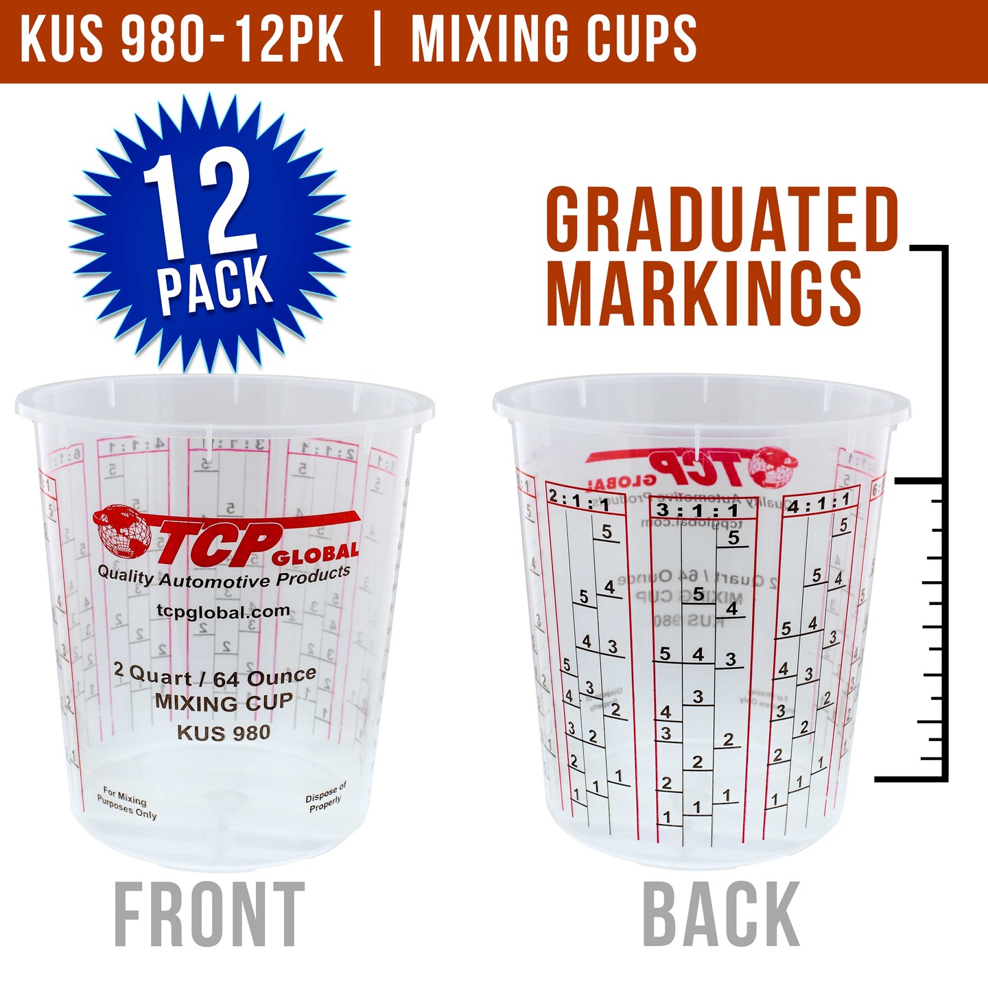 Paint Mixing Cups Plastic Measuring Cup Epoxy Resin, Disposable or Reusable, 64-Ounce (2 Quarts) - Pack of 12 - Graduated, Mixing Ratios, Automotive Painting Acrylic Art Crafts