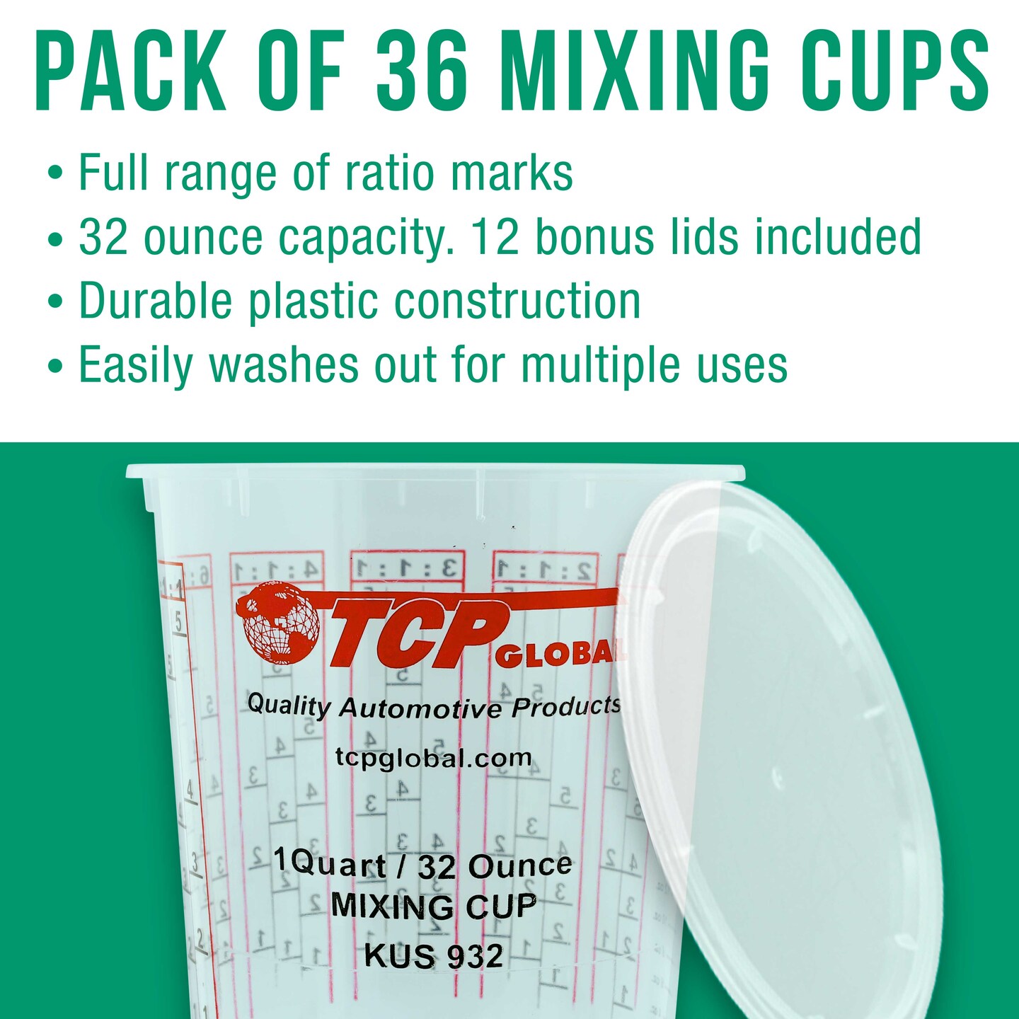 Paint Mixing Cups Plastic Measuring Cup Epoxy Resin, Disposable or Reusable, 32-Ounce (Quart) - Pack of 36 - Graduated, Mixing Ratios, Automotive Painting Acrylic Art Crafts