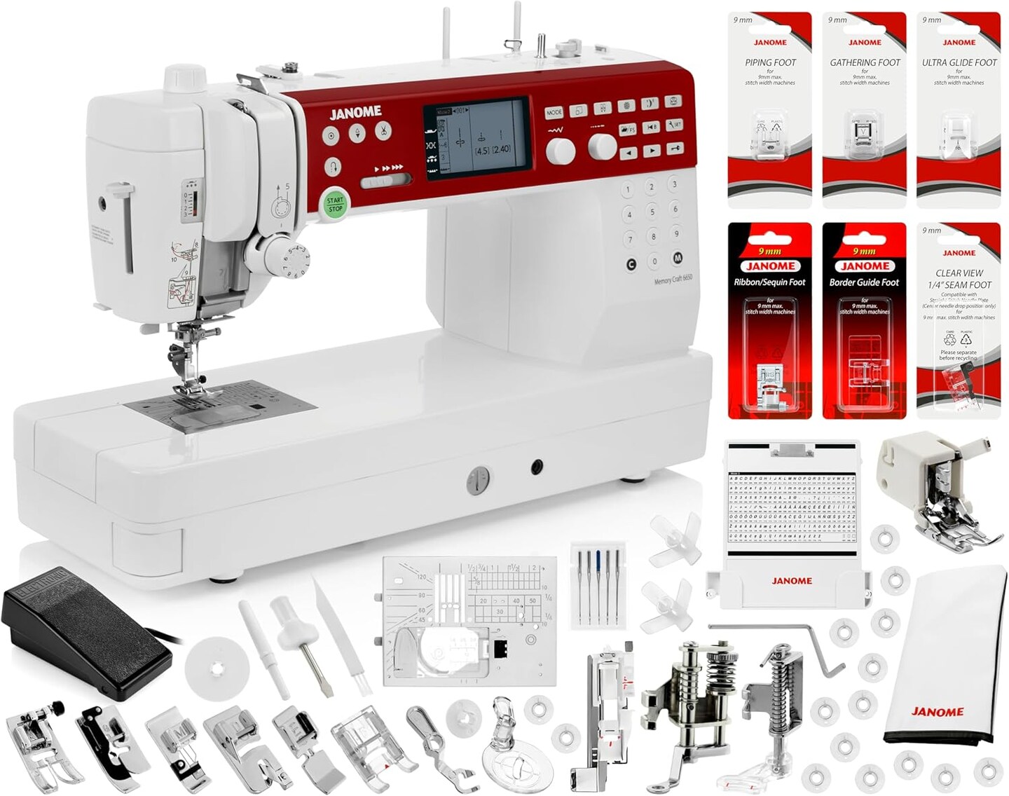 Janome Memory Craft 6650 Sewing Machine (9mm Unit) Bundle - Includes 7 Genuine Janome Presser Feet (Even Feed Foot, Non-Stick Foot, Clear View 1/4&#x22; Foot, Gathering Foot, Border Guide Foot and More)
