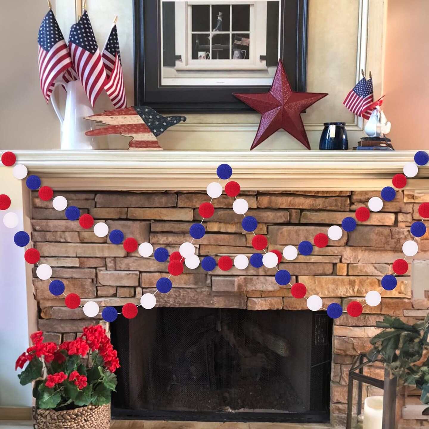2-Pack Red, White, & Blue Pom Pom Garland (16.4 Ft Total) - Patriotic Felt Ball Bunting with 60 Soft Poms - Independence Day Decor for 4th of July, Veterans Day, Graduation, and Baby Showers