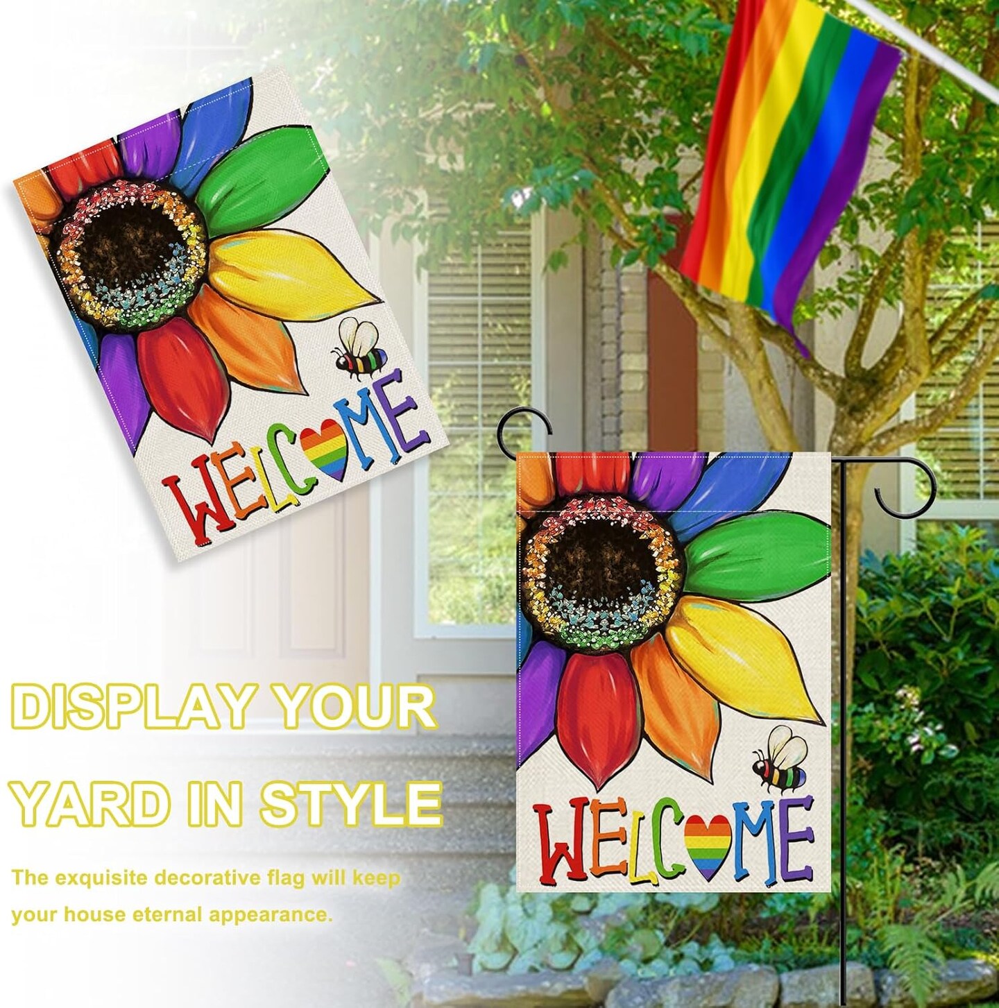 Welcome Rainbow Sunflower Decorative Garden Flag, Summer LGBTQ Love Heart Bee Yard Outside Pride Month Decoration, Gay Lesbian Bisexual Pansexual Outdoor Small Home Decor Double Sided 12 x 18