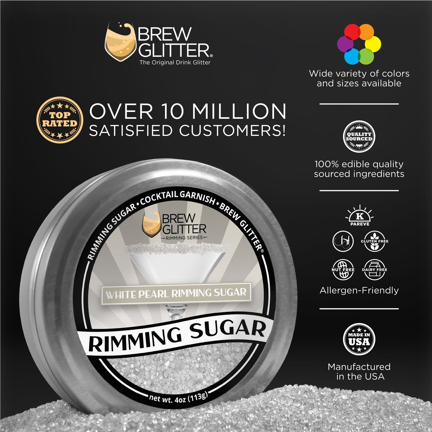 Brew Glitter - White Pearl Rimming Sugar (4oz, 1x Bar Tin) Cocktail Garnish for Mixed Drinks &#x26; Refreshments