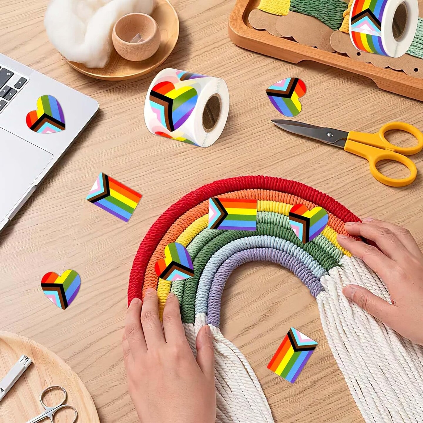 Pride Stickers,600Pcs Gay Pride Stickers Bulk Pride Rainbow Heart Flag Stickers 2 Roll Self Adhesive Decal Stickers for Laptop Water Bottle Decor and Pride Parade Events Accessories