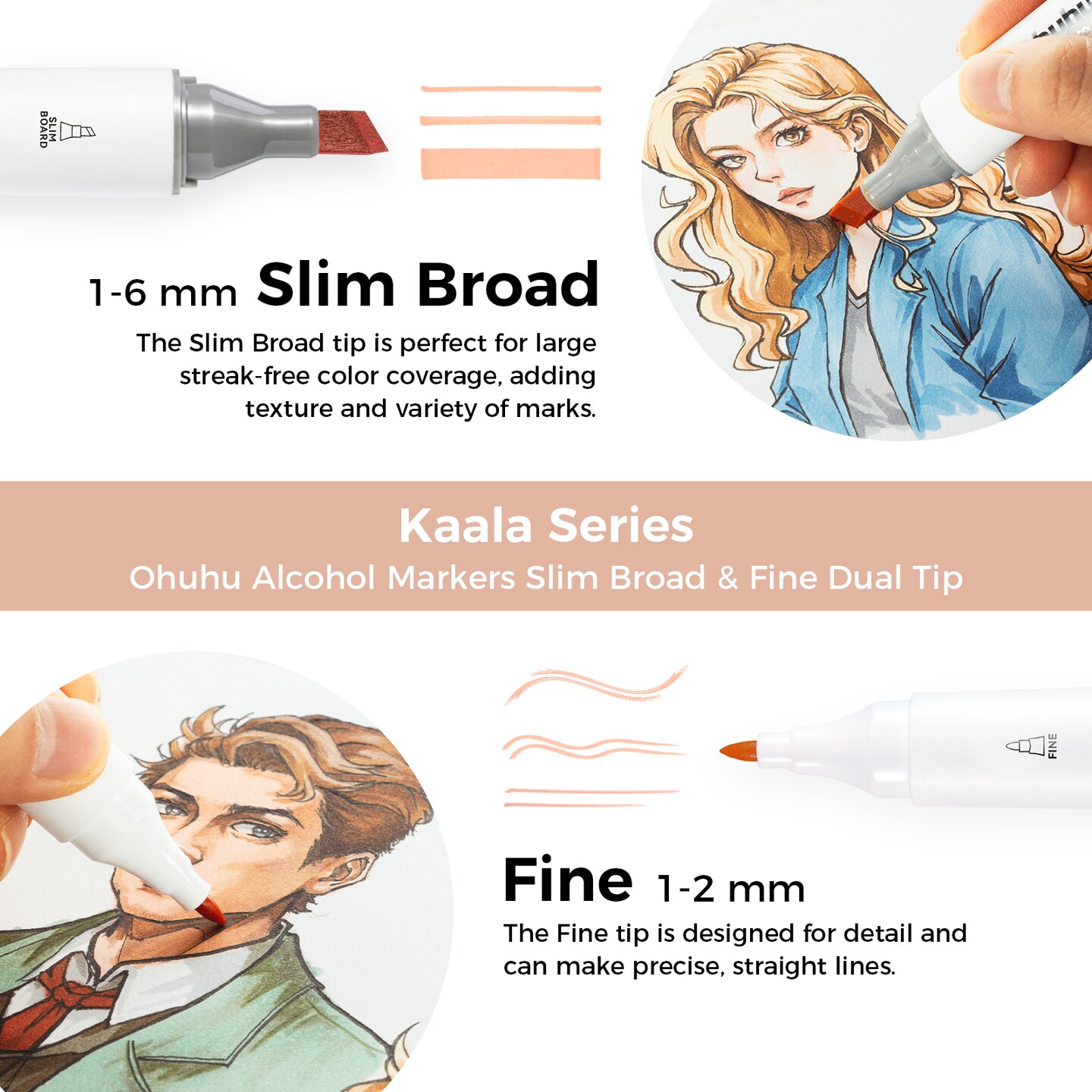 Ohuhu Skin Tone Markers- Slim Broad and Fine Double Tipped Alcohol Marker Set for Artists Adults Coloring Professional Illustration Fashion Design - 24 Portrait Colors - Kaala Markers Ink Refillable