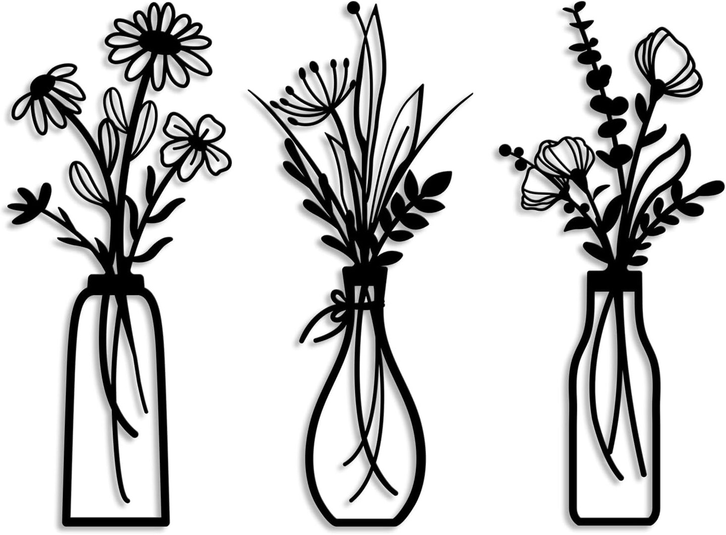 Black Metal Flower Wall Art Set of 3 Rustic Farmhouse Minimalist Floral Decor