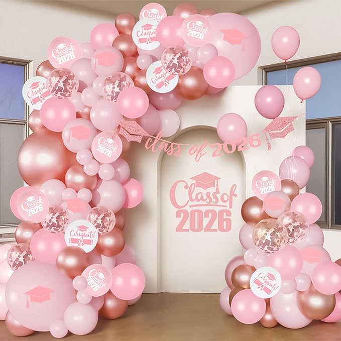 Graduation Balloon Arch Kit 2026 Pink, 18" 10" 5" Pink Rose Gold Balloons with Class of 2026 Banner for Congrats Grad Decorations College High School Graduation Party Decorations