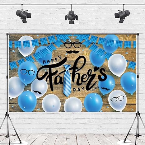 Happy Fathers Day Backdrop Father Day Photography Happy Father’s Day Party Decorations Favors and Supplies Tie Beard Blue Balloon Wood Panel Backdrop Father’s Day Indoor Outdoor Decorations