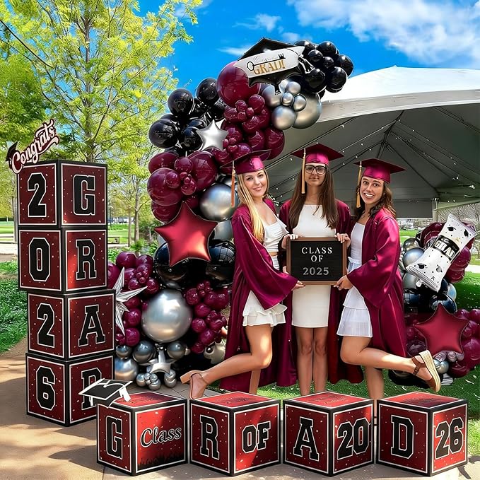 2026 Graduation Decorations, 4Pcs Graduation Boxes, So Proud of You and Class of 2026 Grad Balloon Boxes, Black Red Congrats Box for College, High School, Prom Party Supplies