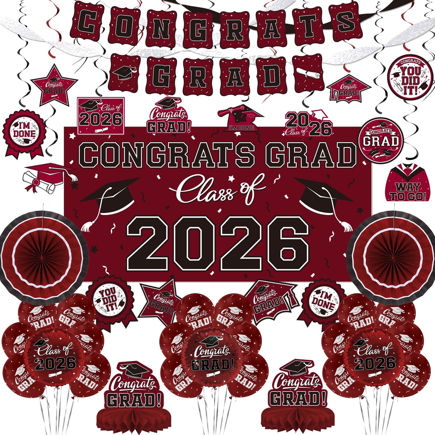 Maroon Themed 2026 Graduation Decorations Set - Congrats Grad Banner, Class of 2026 Backdrop, Balloons & Streamers Kit - Complete Party Supplies for High School & College Celebrations
