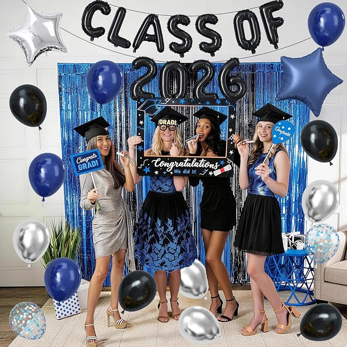 2026 Graduation Balloons Set, Black and Blue Silver Graduation Party Decorations Class of 2026 Balloons with Star Foil Balloon for Preschool High School College Congrats Grad Party Decorations