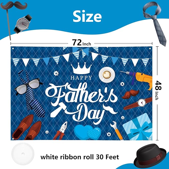 Large Fathers Day Banner Decorations 72" x 48" Happy Father's Day Backdrop Blue Bunting Gift Shoes Party Supplies Gifts Photography Background for Indoor Outdoor Garden,Yard,Home Decor
