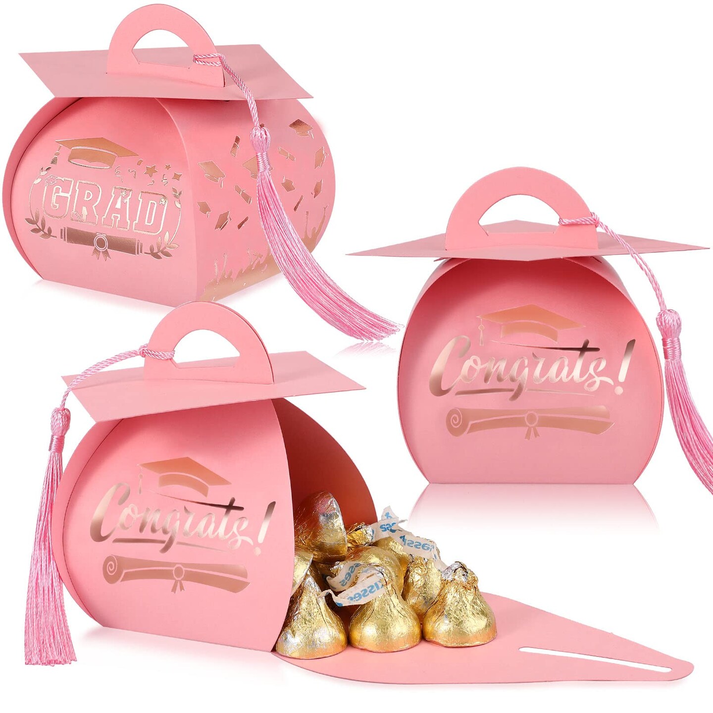 30 Pcs Graduation Cap Gift Boxes Graduation Decorations Class of 2026 Candy Box with Tassel for 2026 Grad Party Favors Supplies(Pink, Rose Gold)