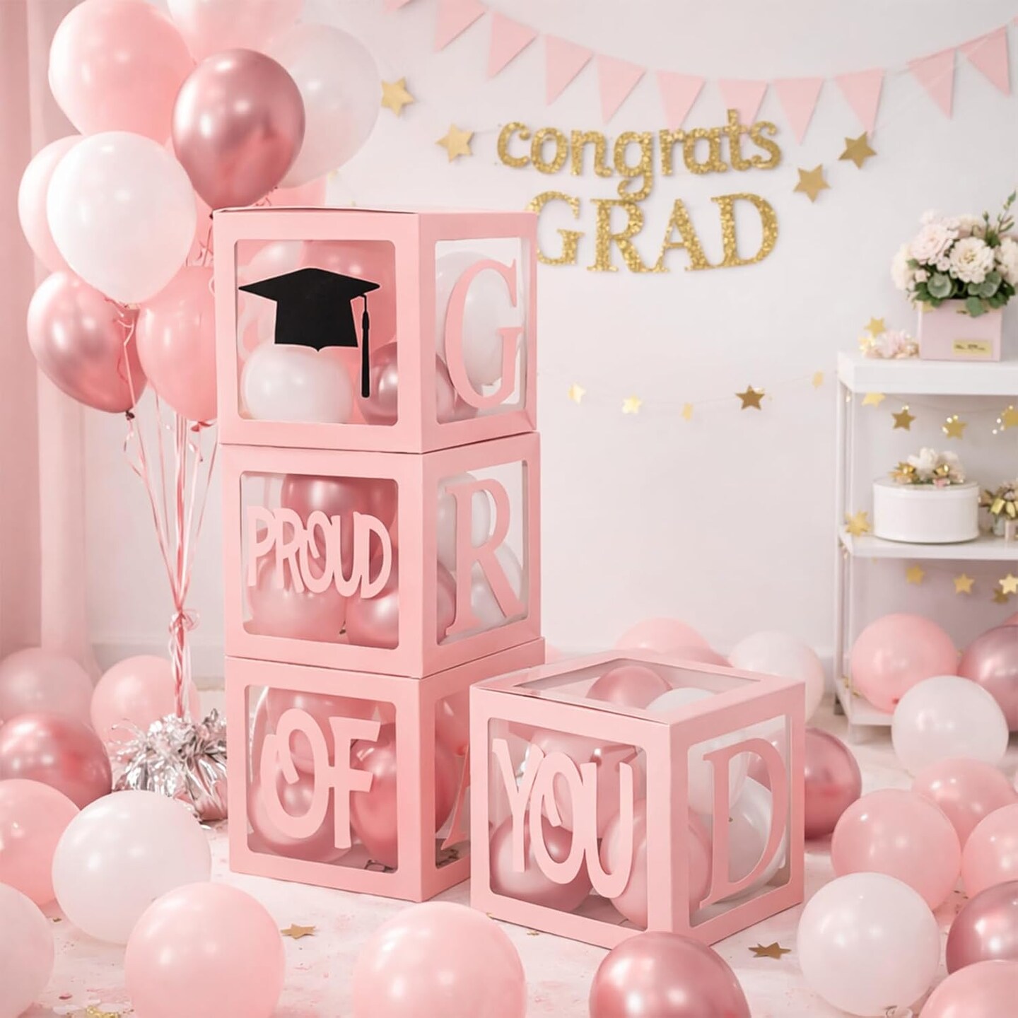 Graduation Decorations 2026,4 Pcs Transparent Balloon Boxes with Letters of GRAD,PROUD OF YOU,Class of 2026 and 130pcs Light Pink Balloons Arch for High School College 2026 Grad Party Supplies