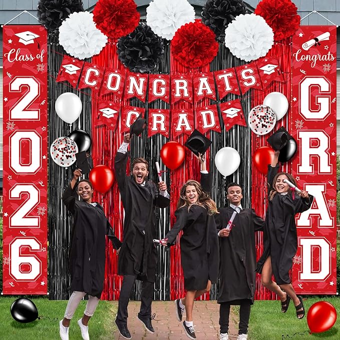 Graduation Party Decorations Class of 2026, Graduation Decorations with Congrats Grad Banner Fringe Foil Curtain Paper Flower Ball Balloons for High School College Grad Party Supplies, Red