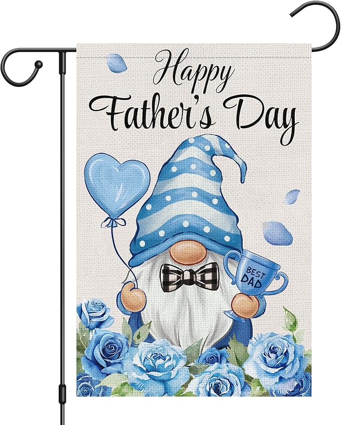 Happy Father's Day Garden Flag 12x18 Double Sided Burlap, Blue Gnome Best Dad Rose Floral Father's Day Yard Banner, Buffalo Plaid Bow Tie Love Heart Trophy Outdoor Decor (ONLY FLAG)