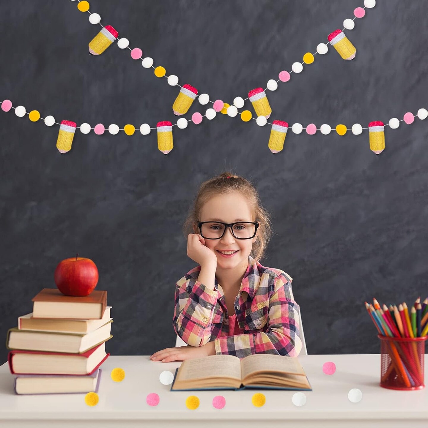 8.2 Ft Back-to-School Felt Pencil & Pom Pom Garland – Cute Classroom & Home Decor – Pre-Assembled Felt Ball Banner for First Day of School, Teacher Appreciation & Party Wall Accents