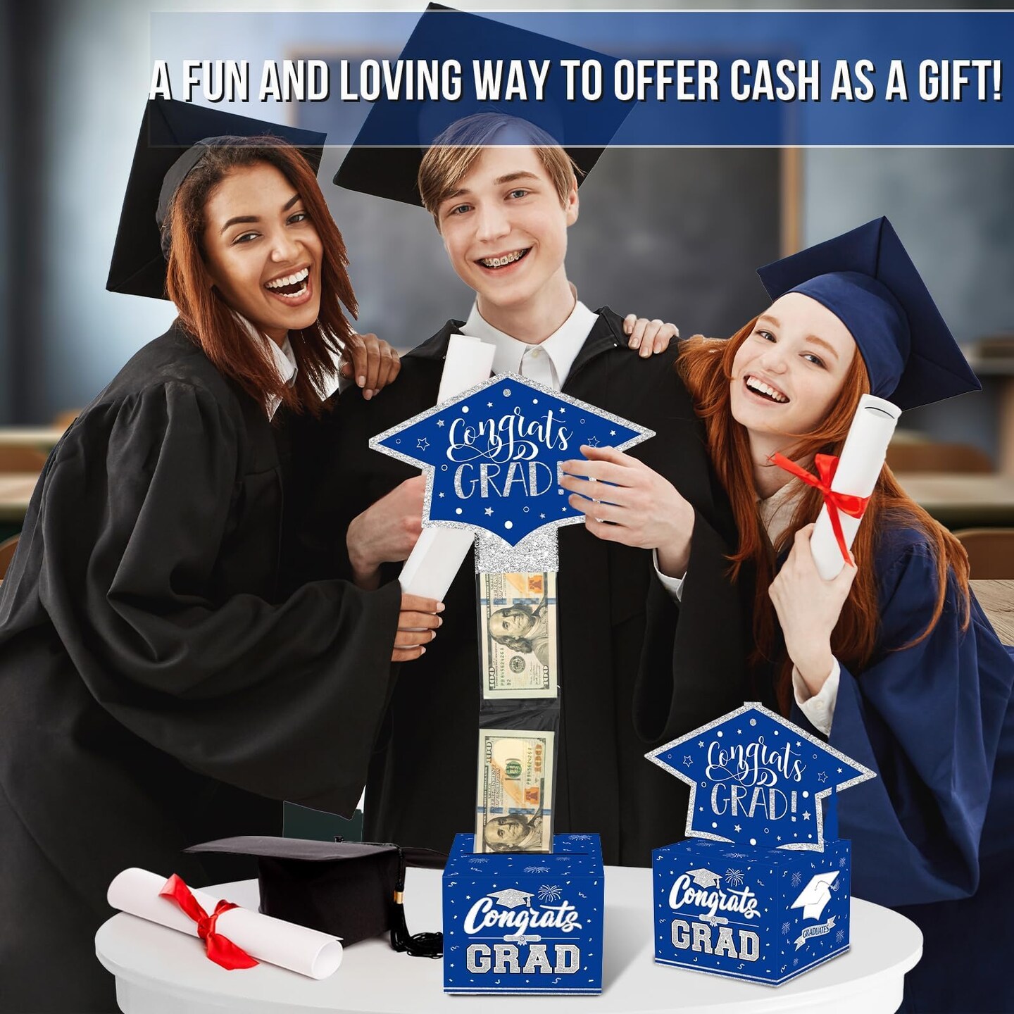 Class of 2026 Graduation Money Box for Cash Gift Pull, Funny Surprise DIY Cash Gift Idea Kit Graduation Money Holder for Boys Girls College High School Congrats Grad Party Favors, Blue Silver