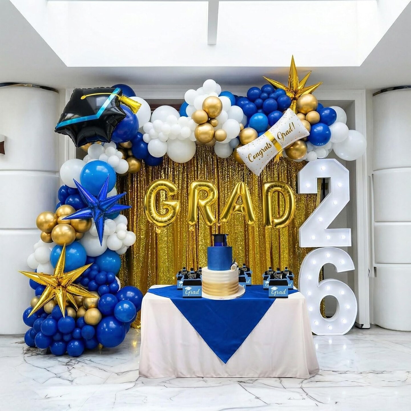138Pcs Royal Blue and Gold Graduation Balloon Arch Kit - Class of 2026 Garland with GRAD Foil Letters, Cap & Diploma Balloons - Professional Party Supplies for College, High School & Prom