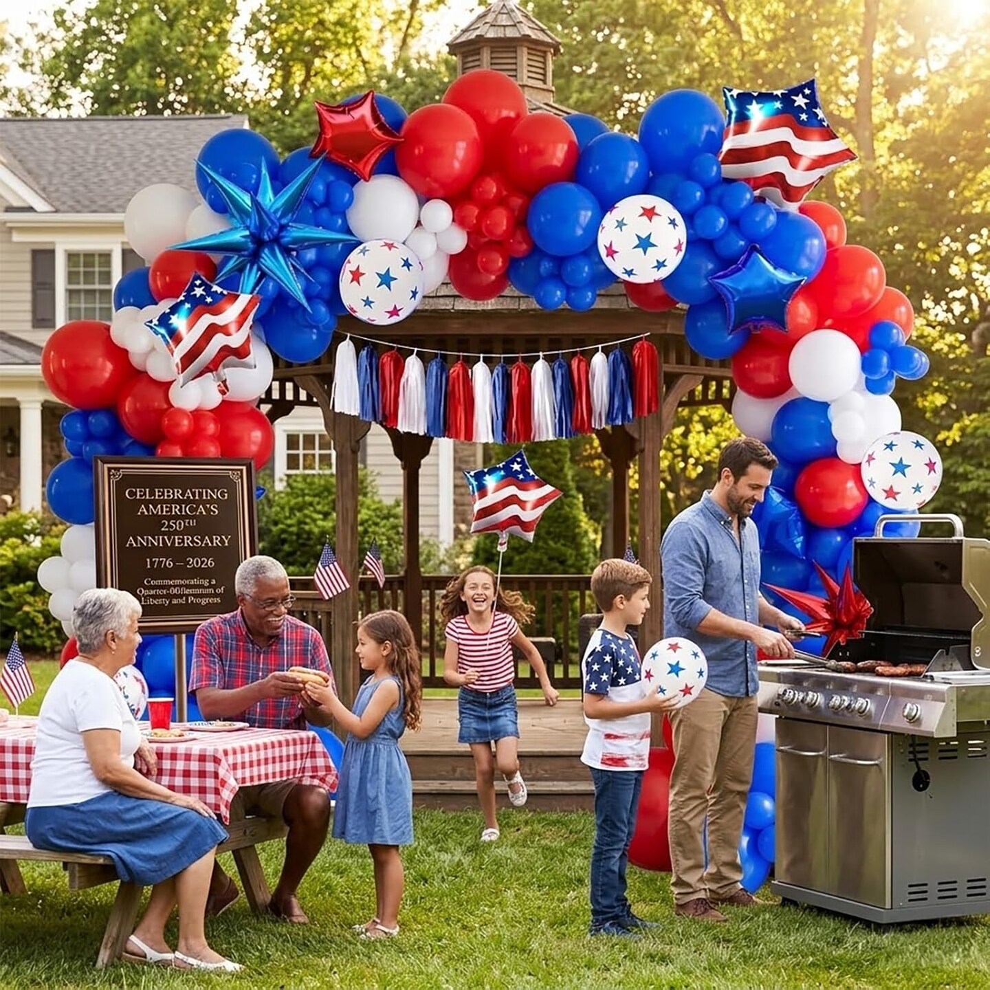 Patriotic Red White and Blue Balloon Garland Arch Kit with Flag & Star Foil Balloons – America 250th Anniversary, 4th of July, Independence Day, Memorial Day & Veterans Day Party Decorations with Tassel Banner