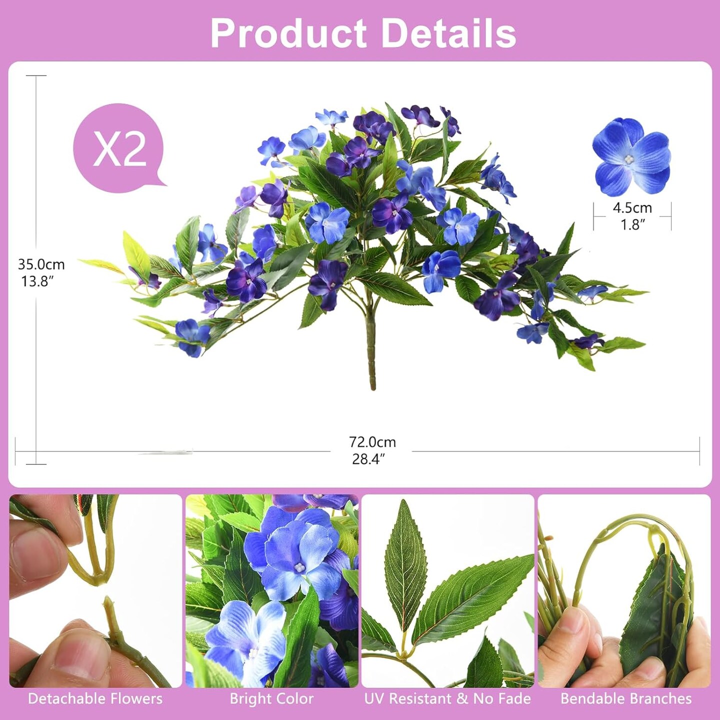 Artificial Outdoor Flowers – UV Resistant Faux Silk Impatiens 2 Bundles Fake Plants for Planters, Porch, Patio, Yard, Window Box & Garden Decor (No Fade, Realistic Plastic Flowers)