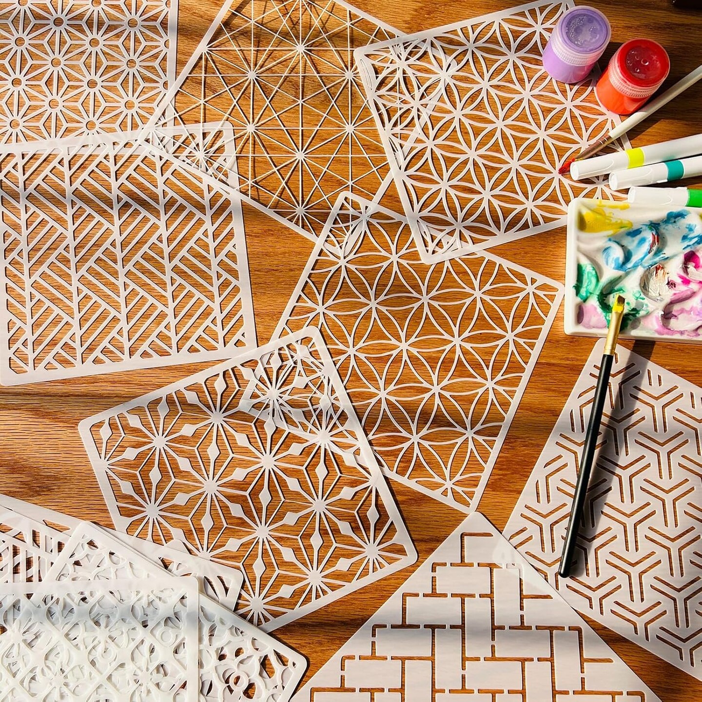 16 PCS Geometric Stencils for Painting, Stencils for Crafts Reusable 6 x 6 Inch Plastic Pattern Templates for Wood Signs Furniture Tile Canvas Card Making and DIY Decor