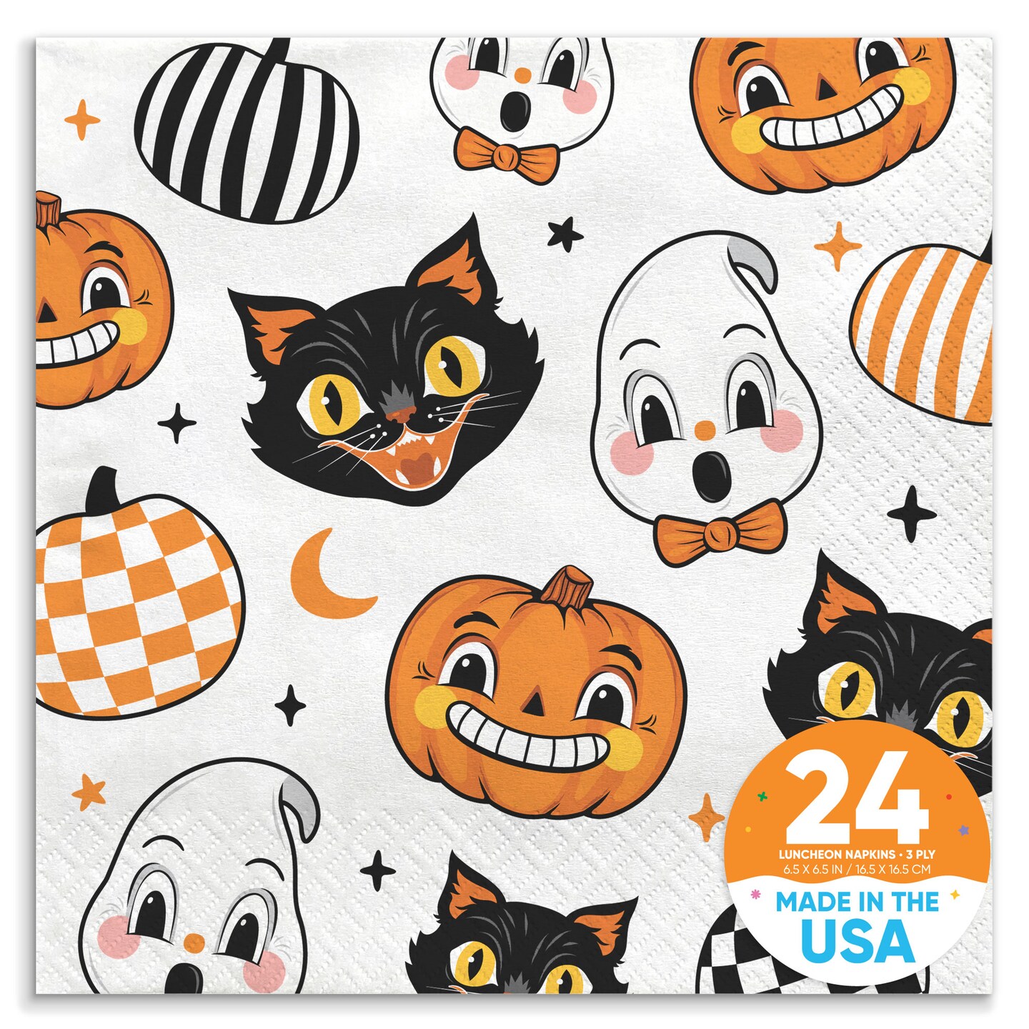 Big Dot of Happiness Vintage Halloween Napkins, Black Cat Pumpkin and Ghost Retro Party Decor, White 3-Ply Paper Luncheon Dinner Napkins - 24 Count