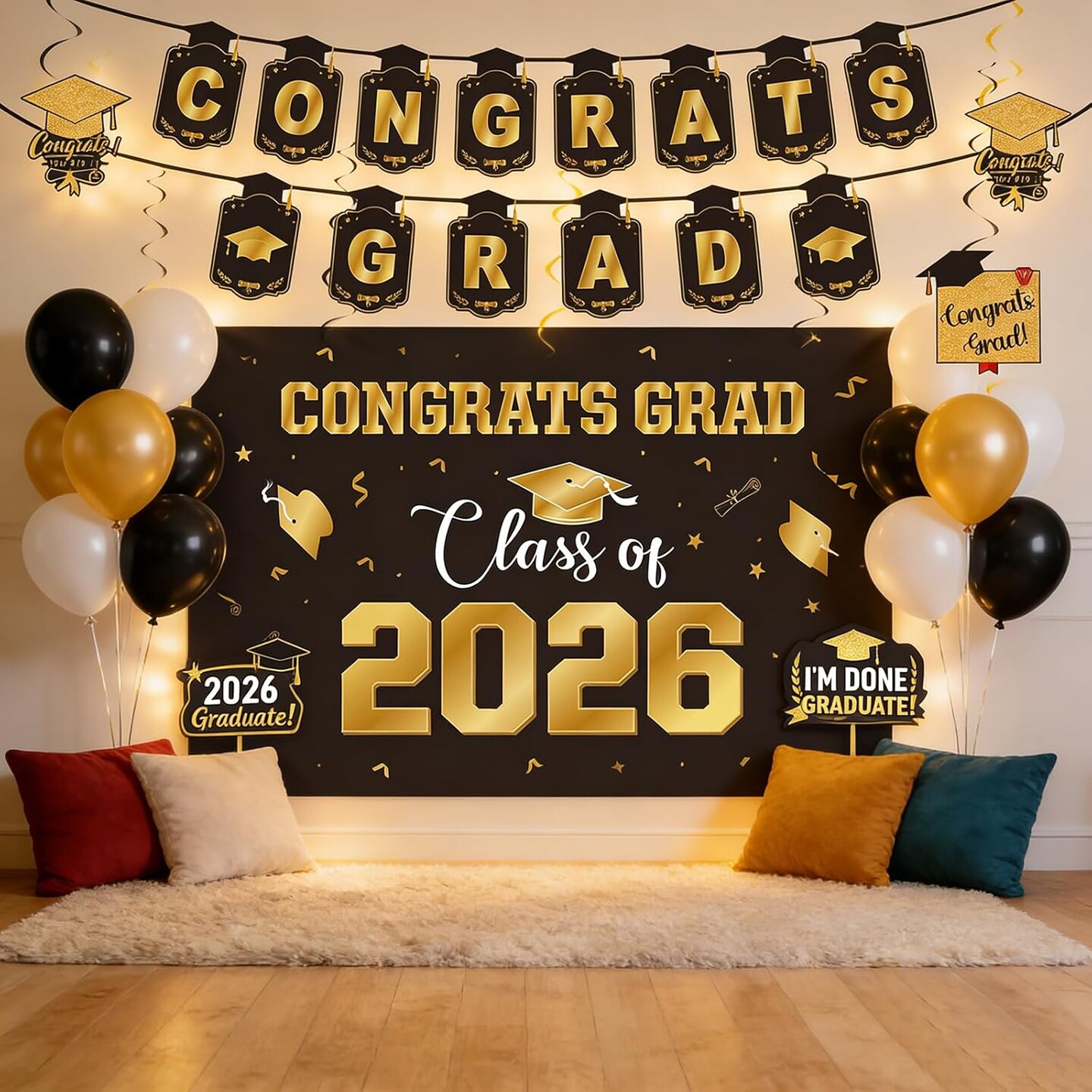 Graduation Decorations 2026 Gold Themed Set Class of 2026 Congrats Grad Banner Balloons Honeycomb & Streamers Kit Graduation Party Decorations for School and College Celebrations