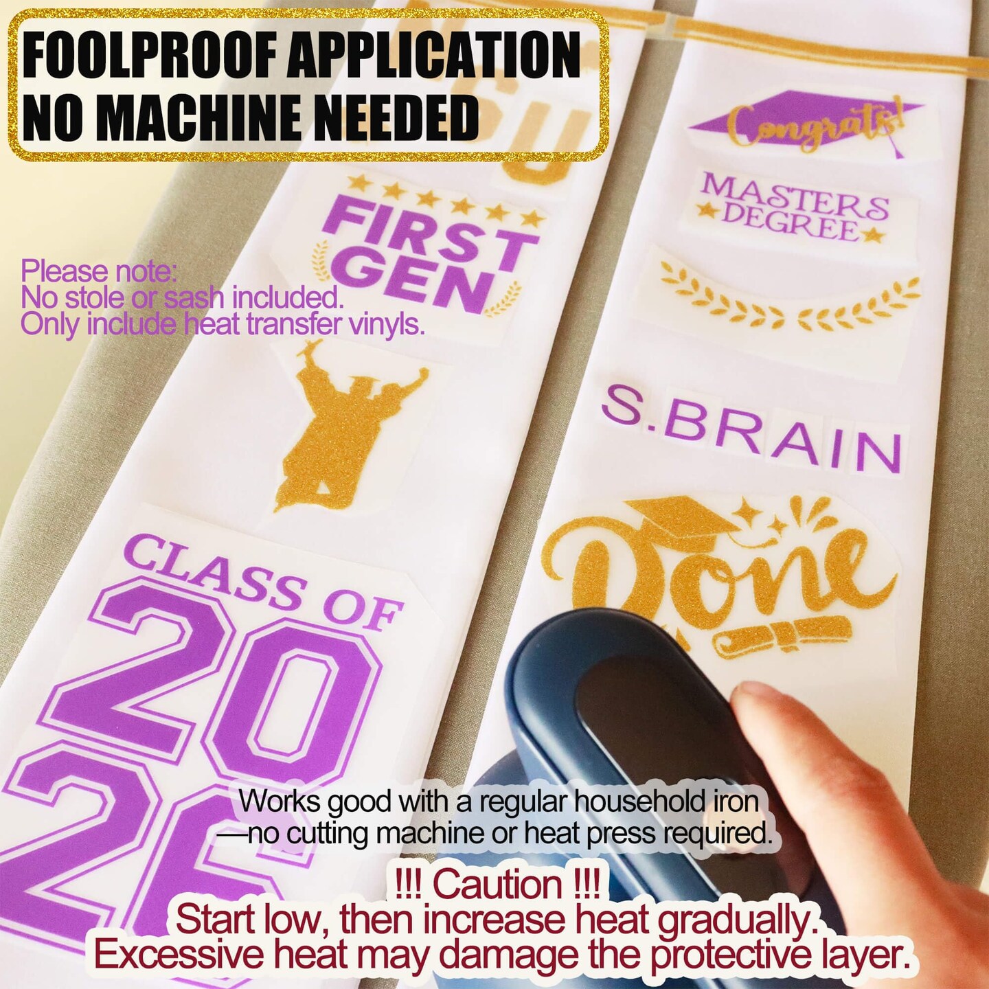 College First Generation Graduation Stole Sash Class of 2026 Decorations DIY Customize Grad Stole Sash Personalized Iron-On Decals Heat Transfer Vinyl HTV Cutouts Set, Purple Gold